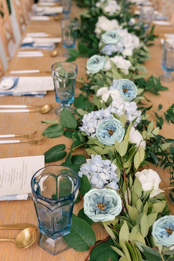 16pcs Silk Rose Head Light Blue Austin Roses Vintage Burnt Flower Artificial Flower Head with Stems for DIY Flower Wedding Bouquets Centerpieces Home Decoration (Light Blue)