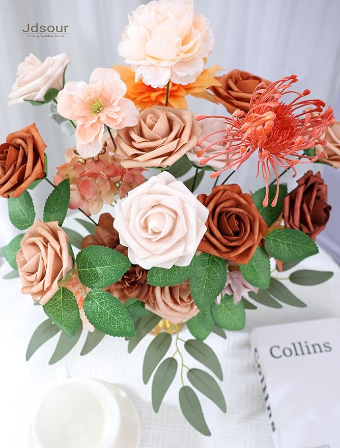 25pcs Artificial Flower，Real Looking Foam Roses w/Stem for DIY Wedding Bouquets Centerpieces Bridal Shower Party Decor-Shades of Burnt Orange