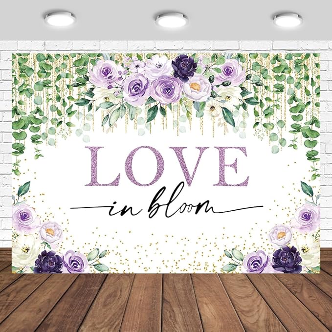 Love in Bloom Bridal Shower Backdrop 7x5ft Wedding Shower Spring Purple Floral Engagement Bachelorette Party Decorations Photography Background
