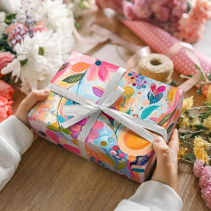 WALL-KNACK 17" X 393" Vibrant Texture Colorful Flower Orange Wrapping Paper Gift Wrap Roll for Wedding, Mother's Day, Holiday, Baby Shower, Women Girls Gifts, Birthdays, Bridal Shower and Engagement