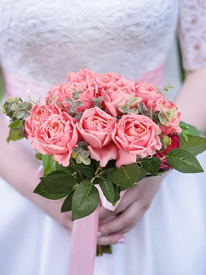 IPOPU Pink Roses Artificial Flowers 12PCS Pink Fake Roses Dried Silk Flowers with Single Stems Faux Rose Realistic Pink Flower Centerpieces for Tables Wedding Bouquet Floral Arrangements