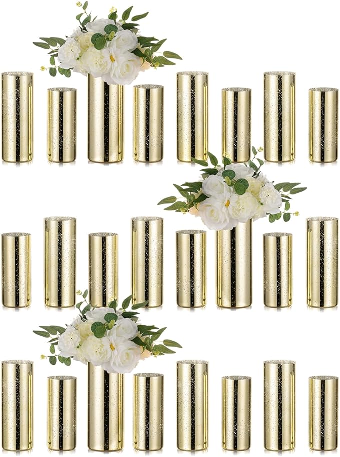 Glass Cylinder Vases Set of 24, Hewory Glittery Gold Vase for Centerpieces, Glass Hurricane Candle Holders for Pillar Floating Candle, Tall Round Vase for Wedding Anniversary Events Home Table Decor