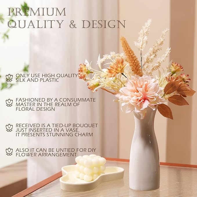 Fake Flower Bouquet, Faux Flower Arrangement for Decorating Kitchens, Bedrooms, Bathrooms, Realistic Artificial Flowers Made of Silk & Plastic, Floral Decoration with Dahlia & Small Blossoms
