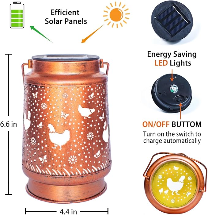 Christmas Gifts for Women Chicken Solar Lanterns Outdoor Waterproof Hanging Solar Lights Chicken Gifts for Women Men Metal Decorative LED Lanterns for Garden Decor,Yard,Patio,Lawn,Pathway,Landscape