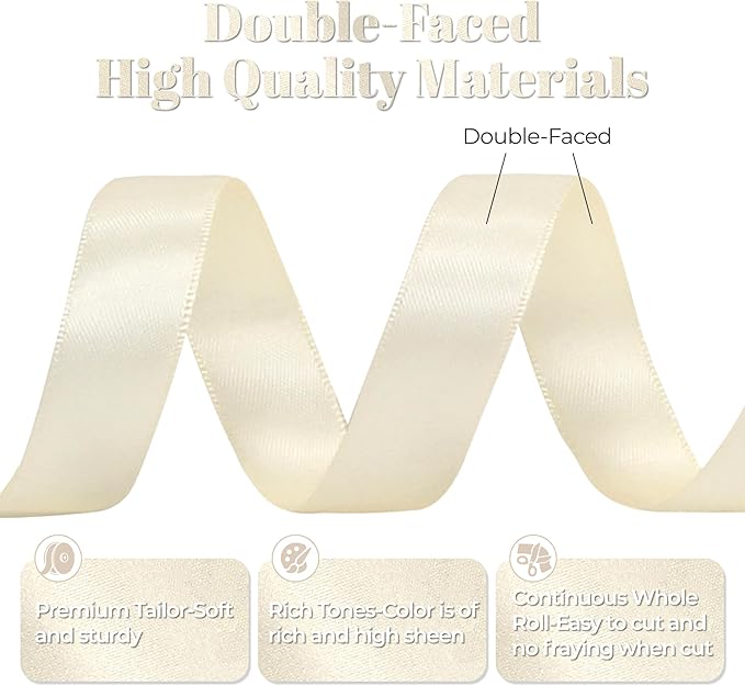 Cream Satin Ribbon, Double Faced 5/8 Inch X 50 Yards Cream Ribbon, Premium Satin Ribbon for Gift Wrapping, Crafts, Hair Bow Making, Sewing, Flower Bouquet, Wedding Party Decor