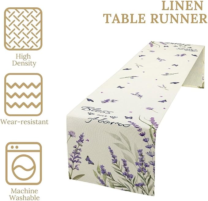 Purple Floral Table Runner, Spring Summer Watercolor Lavender Flower Country Farmhouse Coffee Table Center Decor for Home Kitchen Dining Patio Holiday Party Table Decorations 13x108 inches