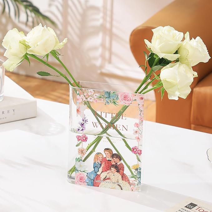 Book Vase, Acrylic Book Vase for Flowers, Book Flower Vase, Book Shaped Vases, Clear Book Vases, Small Vase for Bedroom, Living Room, Bookshelf, Office, Dining Table(Women)