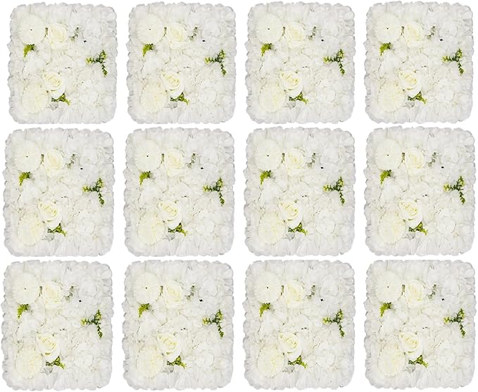 12Pcs Artificial Flower Wall Panel 3D Floral Backdrop Walls 15" X 15" Flower Wall Decor Flower Backdrop Faux Rose Panel for Party Home Background Decor, White