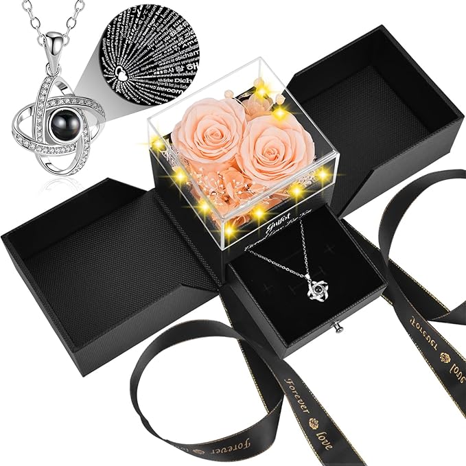 2 Preserved Rose Gift for Women - Eternal Rose with I Love You Necklace - Romantic Birthday Gifts for Girlfriend Mom Her Wife Grandma on Valentines Mothers Day Anniversary Christmas-Red Champagne
