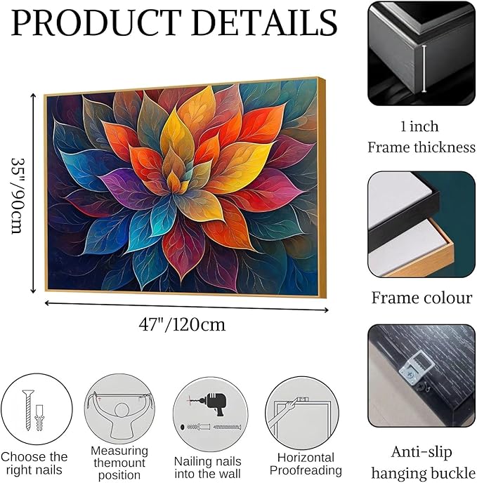 Colorful Flower Canvas Wall Art, Abstract Floral Canvas Prints, Lotus Blossom Pictures Wall Decor, Zen Painting, Yoga Studio Wall Decor (Gold Framed, 23"Wx17"H/60x45cm)