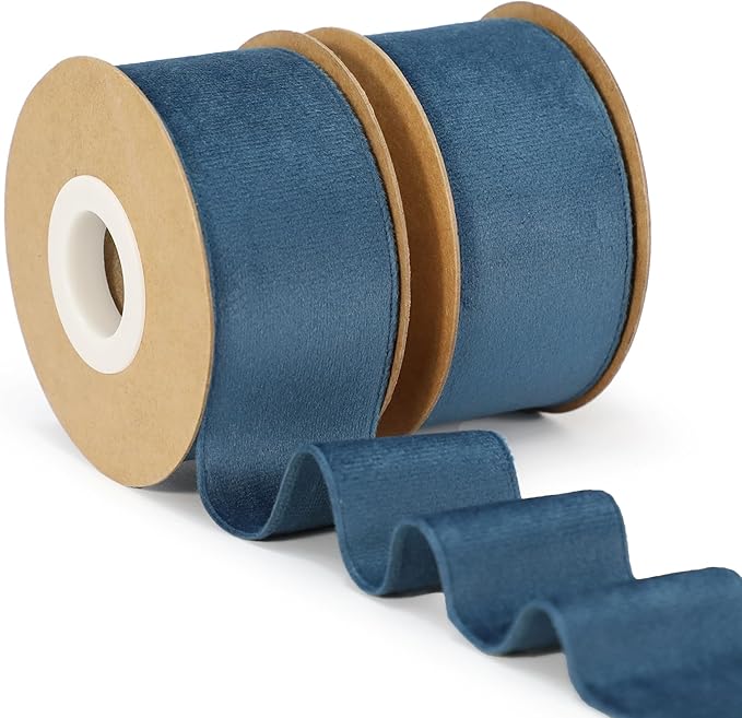 Dusty Blue Velvet Ribbon, 1-1/2 inch Wide Handmade Fabric Ribbons for Christmas Decor, Flower Bouquet, Wedding Decoration, Baby Shower, 2 Rolls