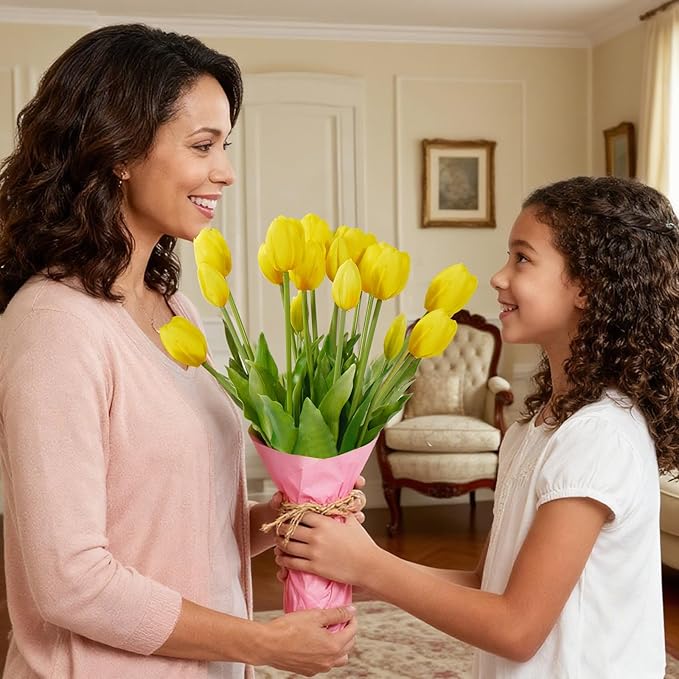 15Pcs Fake Tulips Artificial Flowers Real Touch Latex Bouquet Faux Tulips for Centerpiece Arrangements Wedding Party Home Décor (Yellow)