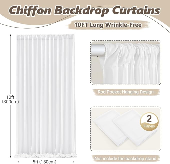 10ft x 10ft Cream White Backdrop Curtains, Wrinkle-Free Sheer Chiffon Fabric Photo Backdrop Drapes for Wedding Arch Party Ceremony Stage Photography Decorations