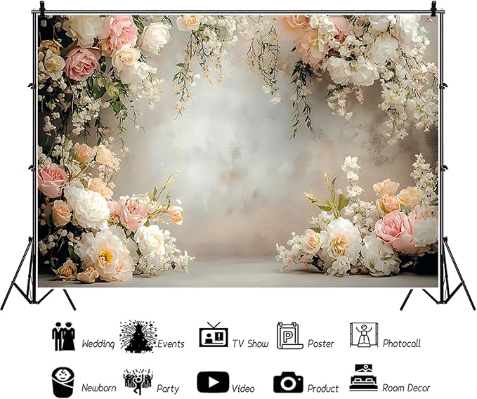Baocicco 5x3ft Vinyl Flowers Wall Photography Backdrop Vinatage Wall White Pink Floral European Style Background Outdoor Wedding Birthday Party Banner Supplies Garden Home Decor Studio Props