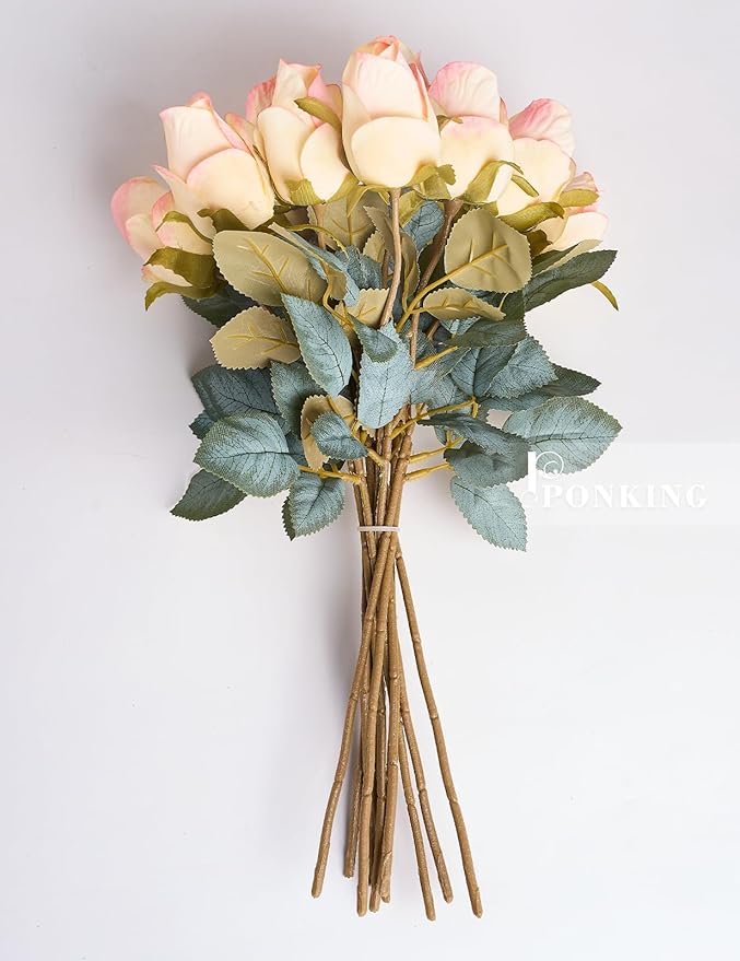 Rose Artificial Flower Buds 12pcs Realistic Faux Silk Roses Fake Flowers Bouquets Arrangements Decor for Wedding Spring Mother's Day, Home Table Decorations, Yellow Flower