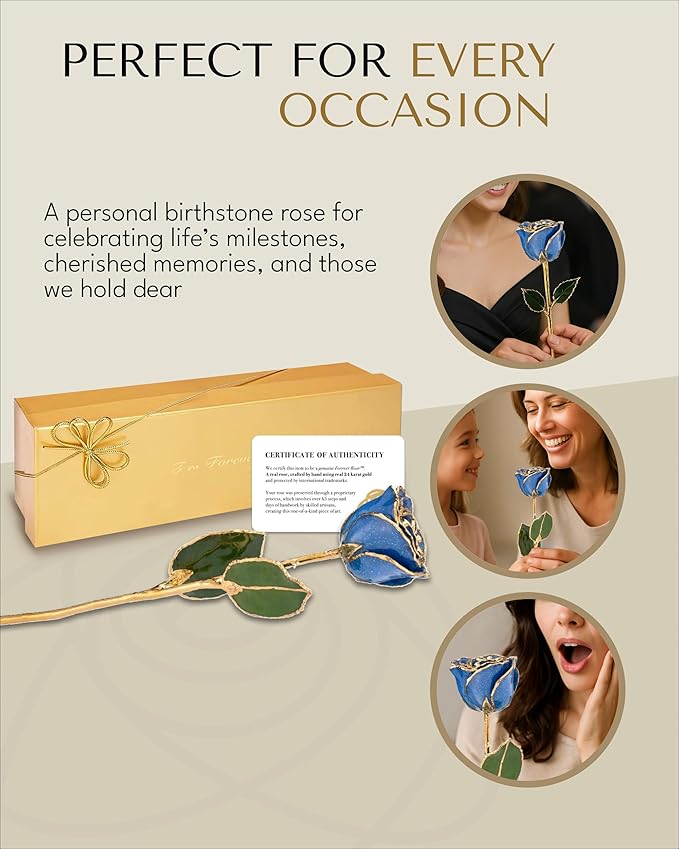 Forever Rose Hand-Dipped in 24K Gold, Sapphire-Inspired September Birthstone with Sparkles, Real Rose in Luxury Gold Gift Box – Perfect Ready to Gift for September Birthday or Any Occasion