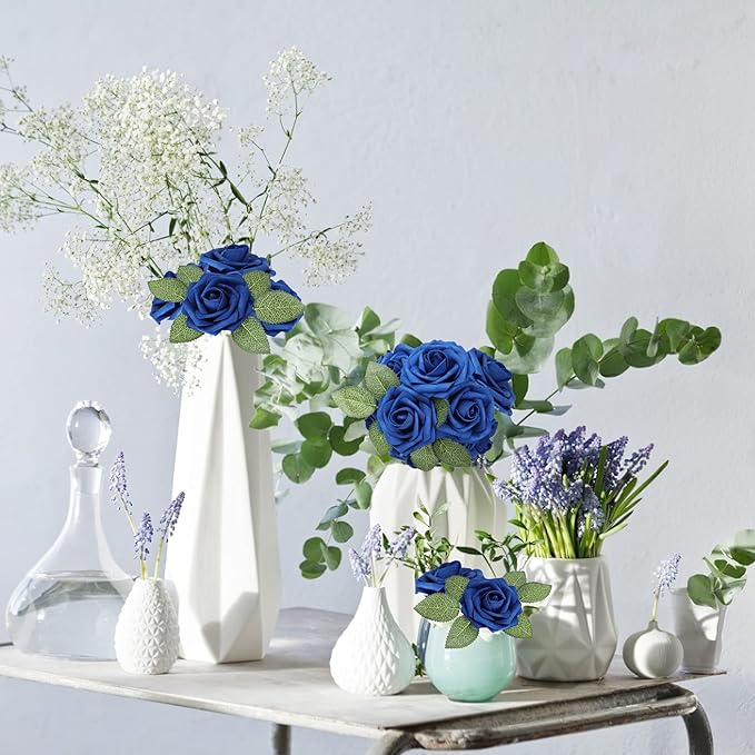 AmyHomie Artificial Flower Royal Blue Rose 25pcs Real Looking Fake Roses w/Stem for DIY Wedding Bouquets Centerpieces Arrangements Party Baby Shower Valentines Day Christmas Tree Decorations