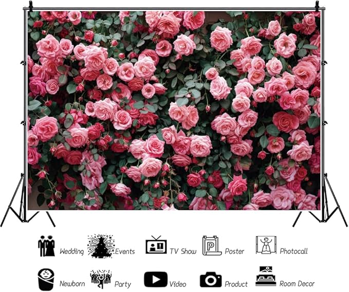 9x6ft Pink Rose Flower Photo Background Wedding Bridal Newborn Shower Birthday Party Photography Backdrops Banner Decor Anniversary Ceremony Couple Studio Props