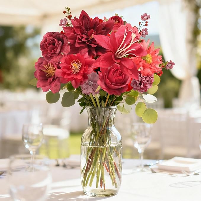 Artificial Flowers Heads Combo Red Flowers Mix Silk Flowers Heads Bulk Faux Rose for Craft Garland Graduation Cap Wedding Bridal Baby Shower Home Party Decoration DIY Cake Decor