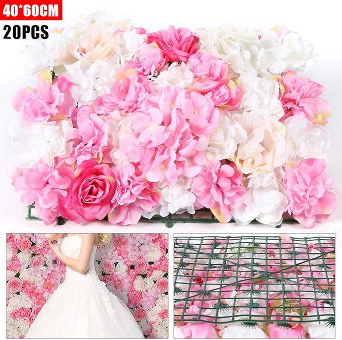 20 Pack Artificial Flower Wall Panels 24" x 16" Pink&White Faux Hydrangea and Rose Artificial Flower Backdrop Panels for Wedding Party Event Flower Wall Decor