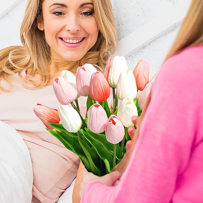 Real Touch Artificial Tulips, 20pcs Fake Tulip Flowers Stem, PU Faux Tulips 13.5” for Mother's Day, Home Decor, Wedding, Easter Valentine's Gift, Table Centerpieces, Pink Series and White