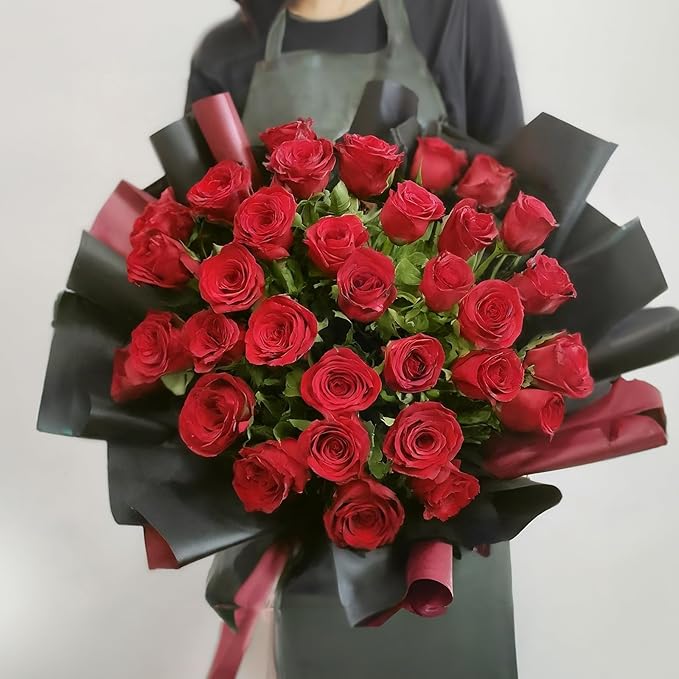 WRAPAHOLIC 20 Sheets Flower Wrapping Paper - 22.4 x 22.4 inch Black Red Color Water-Resistant Floral Bouquet Wrapping Paper, Florist Supplies Packaging for Christmas Wedding Birthday Gift DIY
