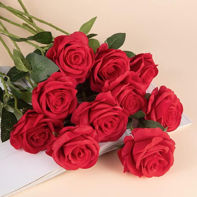 Flojery 10pcs Red Silk Roses Artificial Rose Flowers Long Stem for DIY Wedding Bouquet Table Centerpiece Home Décor
