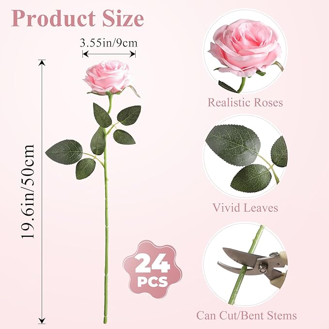 Nubry 24pcs Artificial Silk Roses Bulk,Fake Roses Flower with Stems Realistic Flowers for Wedding Centerpiece Home Party Decor(Pink)