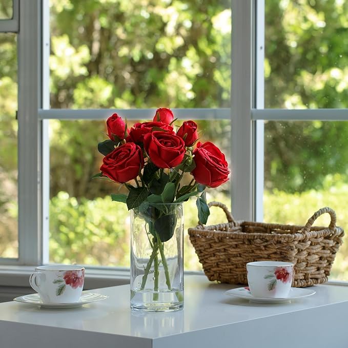 ENOVA FLORAL 9 Heads Silk Rose Artificial Flowers in Vase,Faux Rose Flowers Arrangement in Vase with Faux Water for Table Decor Centerpieces (Red)