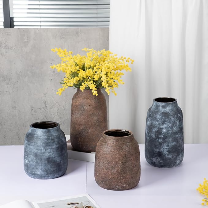 Briful Rustic Ceramic Vase 7” Tall – Handcrafted Vintage Pottery Flower Vase with Distressed White-Wash Finish – Farmhouse Decorative Accent for Table, Shelf, Mantel (Not Watertight)