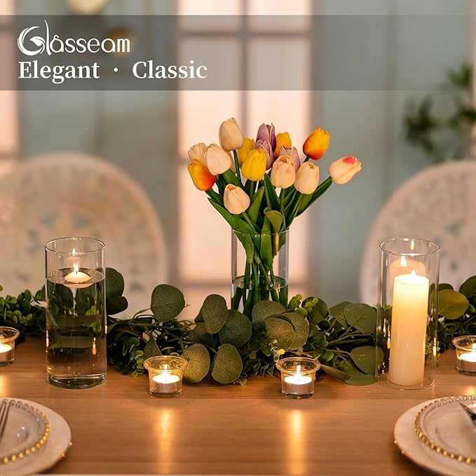Glasseam Glass Cylinder Vases for Centerpieces, Clear Flower Vase Set of 12, Modern Floating Candle Vases Decor, Decorative Hurricane Pillar Candle Holders for Wedding Dining Table Decorations, 8in