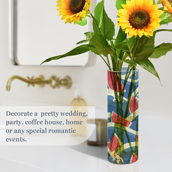 Flower Vase Clear Plastic Cylinder Vases Decor for Centerpieces Home Storage Office Weddings Bright Blue Waves Watermelon Slices 11.8 x 3.9 in