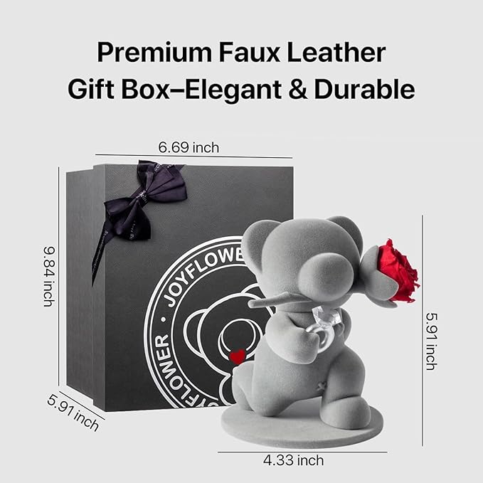 JoyFlower Cute Teddy Bear with Preserved Flowers, Eternal Real Red Rose with Promise Ring Gifts with Gift Box for Girlfriend Wife Women Her in Birthday Christmas, Valentine's, Weddings, Anniversary