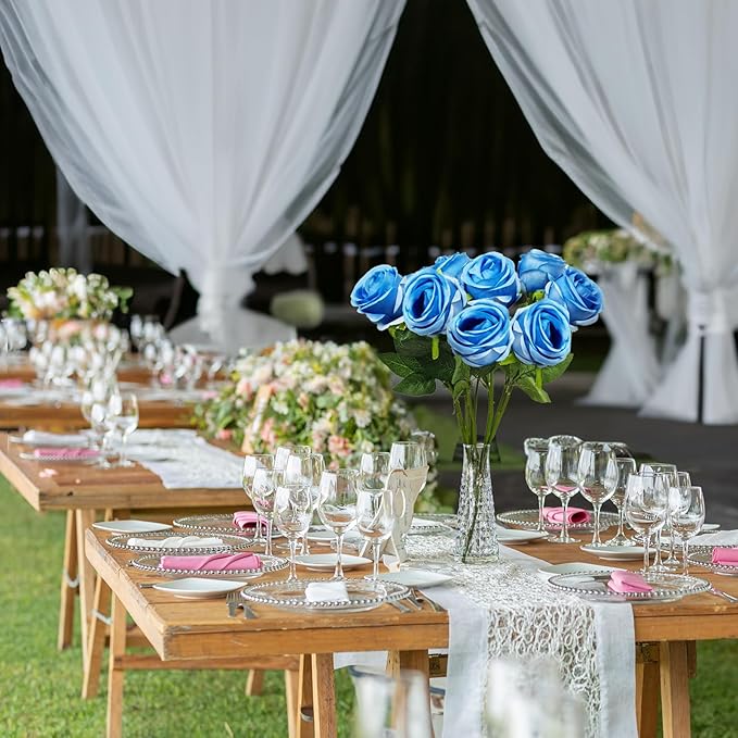 Blue Artificial Roses with Long Stems, 12Pcs Realistic Roses Artificial Flowers, Faux Roses | Bulk Fake Flowers for Home Decor, Wedding Party Table Centerpieces, DIY Bouquet