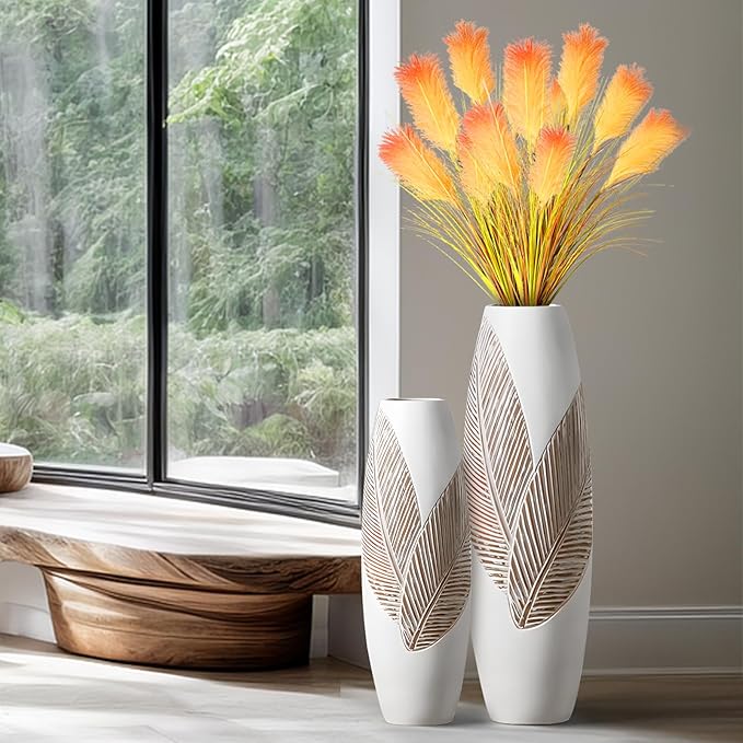 Modern Large Floor Vase White Home Decor Flower Vases 24.8 Inch Tall Resin Vase Tree Leaf Texture Decor Vases for Entryway Living Room Mantel