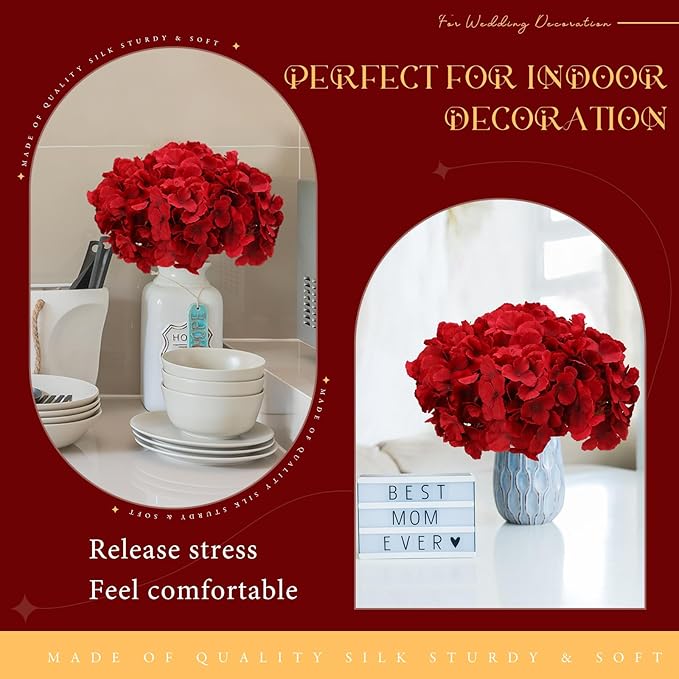 Unittype Silk Hydrangea Artificial Flowers Heads with Stems Faux Hydrangea Flowers for Wedding Centerpieces Bouquets DIY Floral Decorations for Home Indoor(Burgundy,300 Pieces)