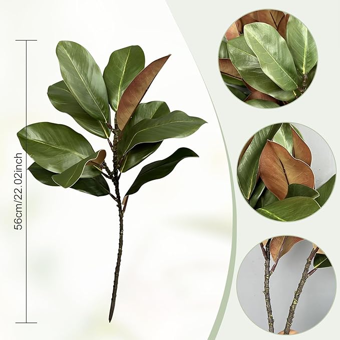 6Pcs Artificial Magnolia Leaf Stems, Real Touch Fake Greenery Branches for Floral Arrangements, Vase Fillers, Indoor Outdoor Home Table Centerpiece, Wedding & Party Decor