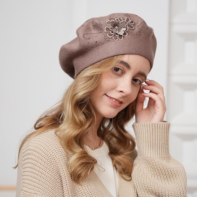 Flower Embroidery Beret Hat for Women, French Style Knitted Beret Hats, Stylish Solid Color Beret Cap for Women Girls Lady