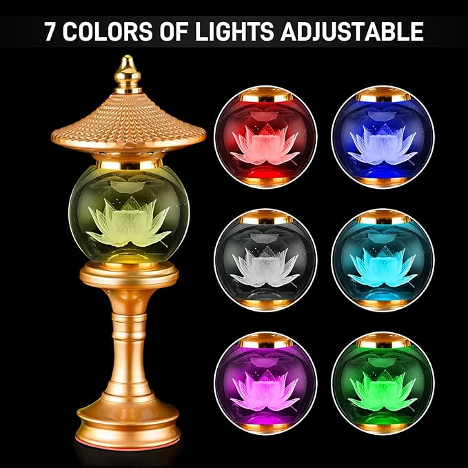 Lotus Lamp for Meditation, 7 Color Changing Crystal Buddha Light with Adjustable Switch, Ritual Decor for Buddhist Altar, Yoga Room, Home Temple Supplies & Spiritual Gift (10 inch)
