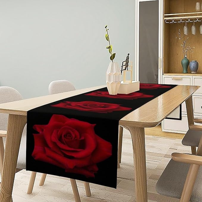 Red Rose Table Runner,Romantic Flower Black Table Runner for Indoor Outdoor Holiday Home Wedding Party 13x36 Inch