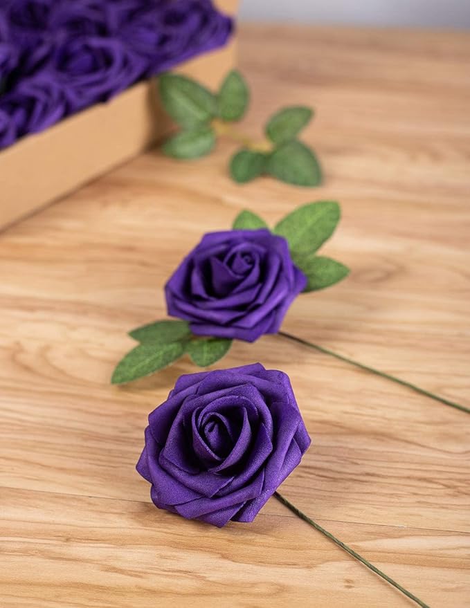 25pcs Artificial Flower Foam Rose Real Touch Roses Flower Heads with Stem for DIY Wedding Bouquets Centerpieces Arrangements Party Baby Shower Home Decor (Purple)