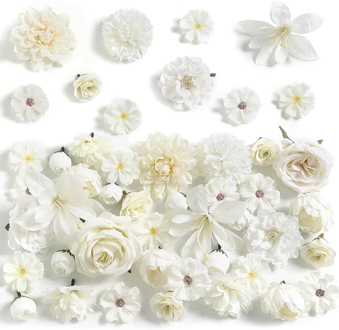 Fake Flower Heads for Crafts - White Silk Artificial Roses, Peonies, Daisies & Mini Floral Heads Bulk (48-Pack) for Wedding Decor, Graduation Cap, Cake Topper, Baby Shower, Home Decoration