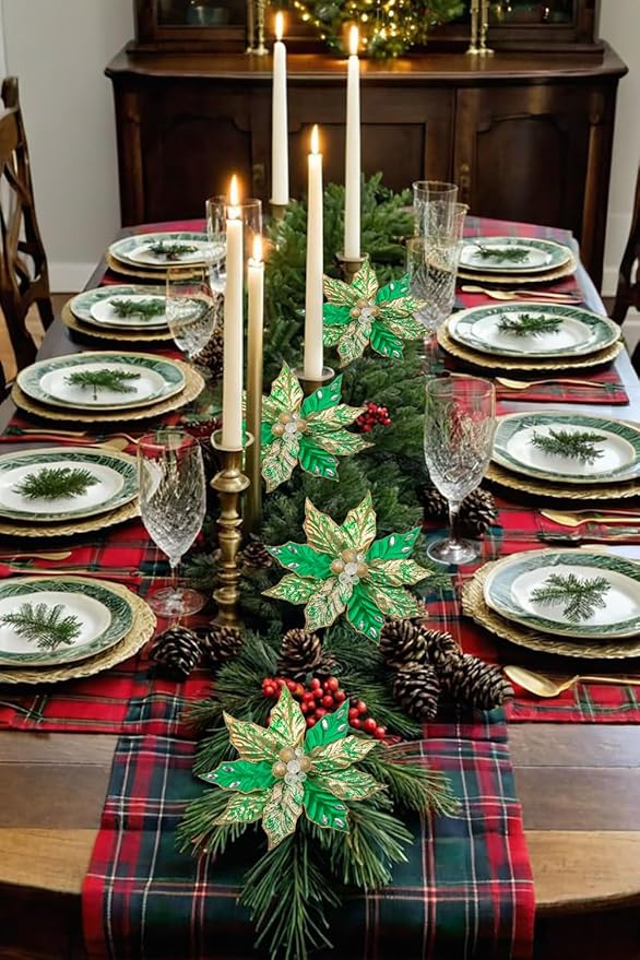 Hollyone 3PCS Poinsettia Christmas Flowers Artificial 11" Large Green and Gold Glitter Poinsettia Flowers Christmas Tree Ornament Floral Picks for Tree Wreath Garland Vase Table Centerpiece Home Decor