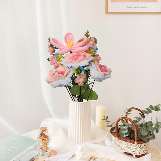 Foyucool Crochet Flowers Bouquet, Handmade Knitted Tulip Rose Bouquet with Gift Bag for Home Deocor, Crocheted Finished Flower for Wedding, Mother's Day, Teachers' Day and Valentine's Day, Pink