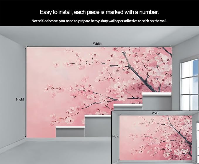 Pink Cherry Blossom Wall Mural, Romantic Cherry Blossom 3D Wall Murals, Japanese Flower Wallpaper Mural, for Living Room Bedroom Large Wallpaper Indoor Decor 157.5" W x110.3 H
