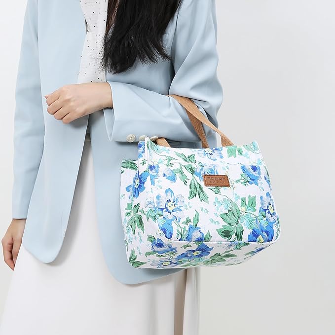 Dreubea Women's Floral Print Canvas Tote Bag - Small Reusable Shopping Handbag for Groceries, Takeout, Eco-Friendly Purse
