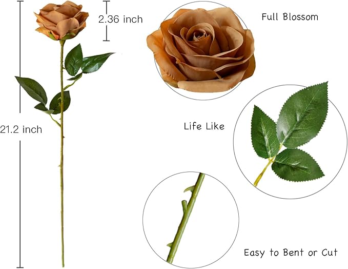 DuHouse 10pcs Fake Roses Artificial Silk Flowers Faux Rose Flower Long Stems Bouquet for Arrangement Wedding Centerpiece Party Home Kitchen Decor (Coffee)
