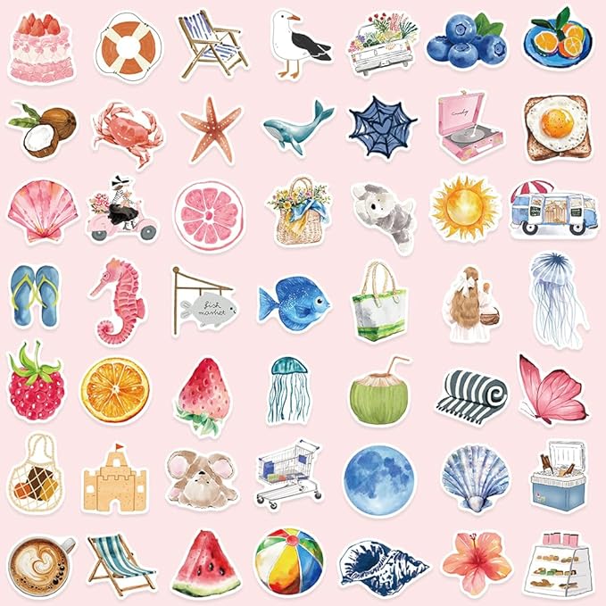 100 PCS Pink Aesthetic Stickers for Woman, Watercolor Summer Stickers for Water Bottles,Laptop Scrapbook Journaling Skateboard Surfboard Vinyl Waterproof Decorative Decals for Adults