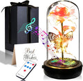 Birthday Rose Flower Gifts for Women, Glass Flower Gift for Mom from Daughter Son, Rose Gold Light Up Rose in Glass Dome with Music Box for Her Wife Grandma