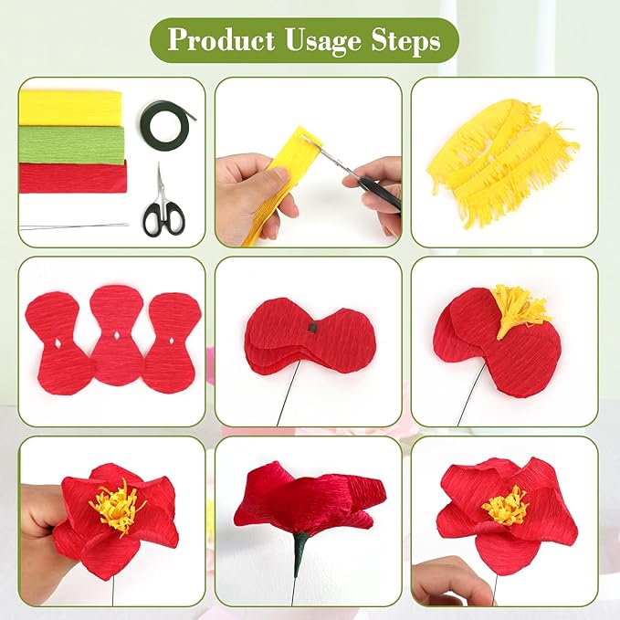 14 Colors Crepe Paper Rolls, 9.8 x 98 Inch Wide Crepe Paper Sheets with 100 Pcs Green Floral Iron Wire, Floral Band, Double-Sided Tape, and Scissors for Birthday Parties Weddings Festival Decoration